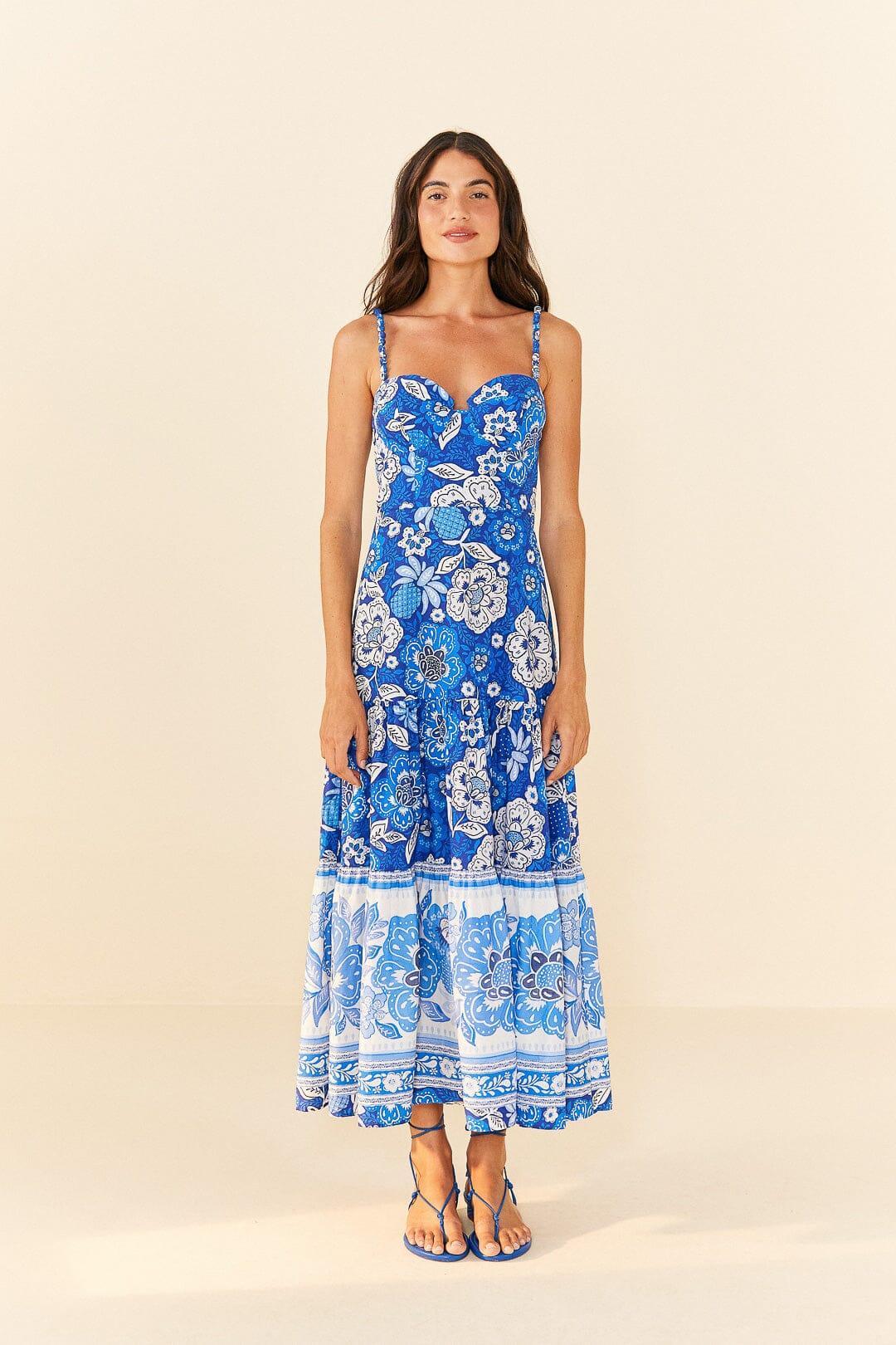 Blue Full Of Flowers Organic Cotton Midi Dress, FULL OF FLOWERS / S Product Image