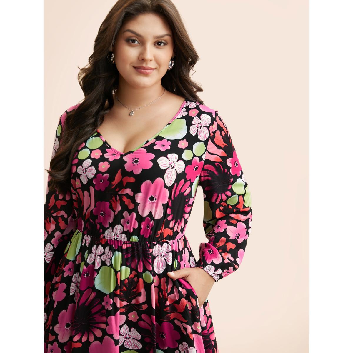 Plus Size Floral V Neck Lantern Sleeve Dress Black Women Elegant Non V-neck Long Sleeve Curvy BloomChic 30/6X Product Image