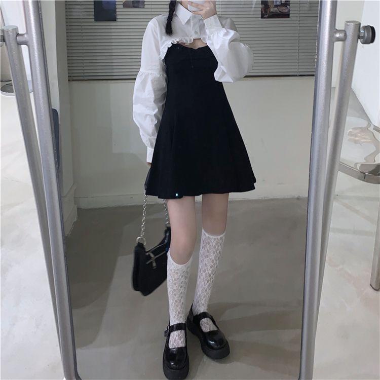Collar Long-Sleeve Cropped Ruffled Blouse / V-Neck Plain Spaghetti Strap A-Line Mini Dress Product Image
