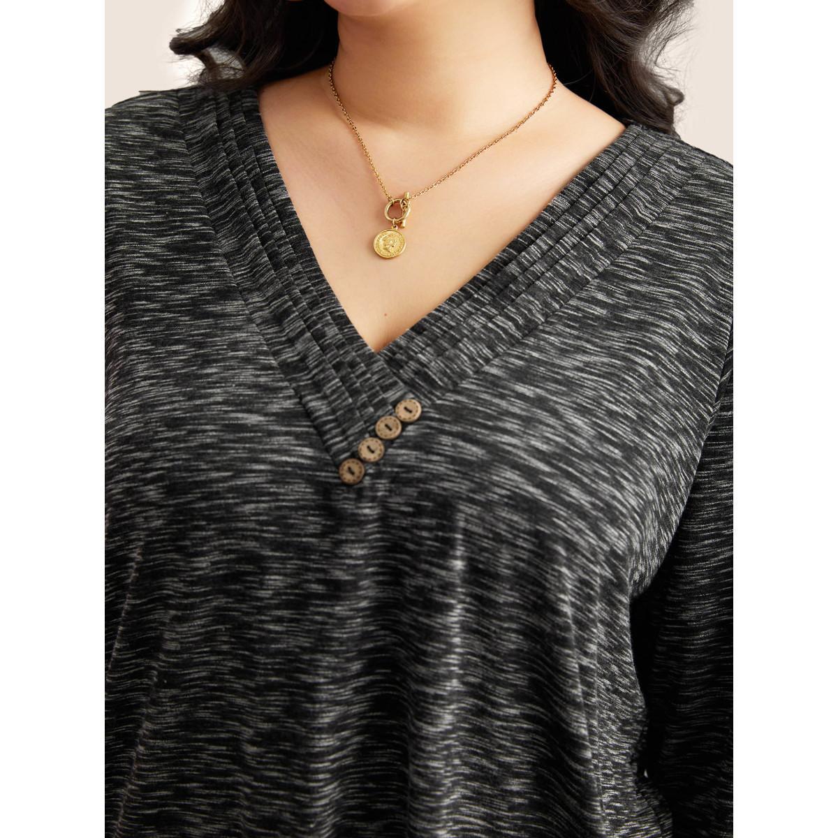 Plus Size Heather Pleated Button Detail T-shirt Black Women Casual Pleated Plain V-neck Everyday T-shirts BloomChic 30/6X Product Image