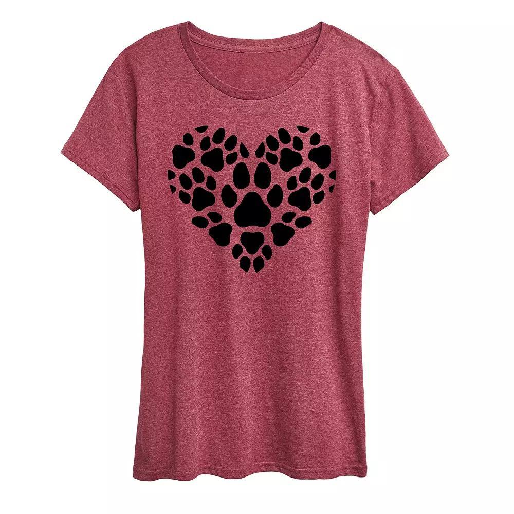 Women's Pawprint Heart Graphic Tee, Girl's, Size: Large, Grey Wine Product Image