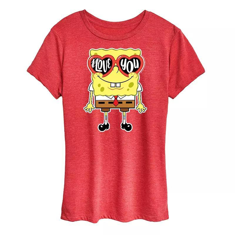 Womens Spongebob Squarepants Love You Heart Glasses Graphic Tee Grey Blue Product Image