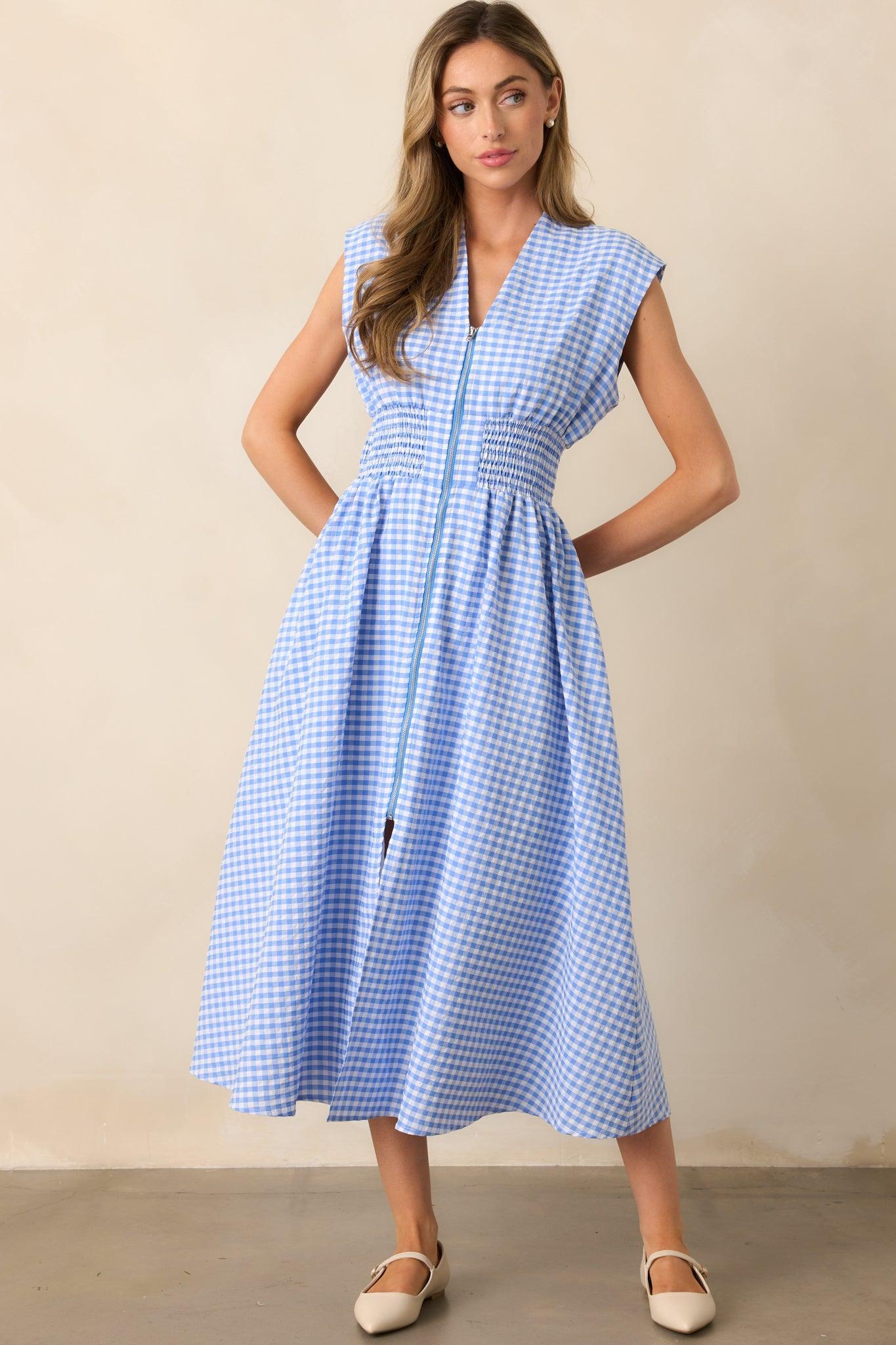 The Evette Blue Gingham Zip Front Midi Dress Product Image