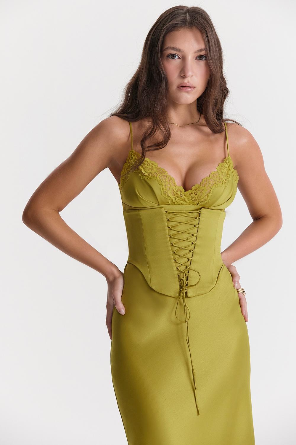 Salma Chartreuse Satin Slip Dress Product Image