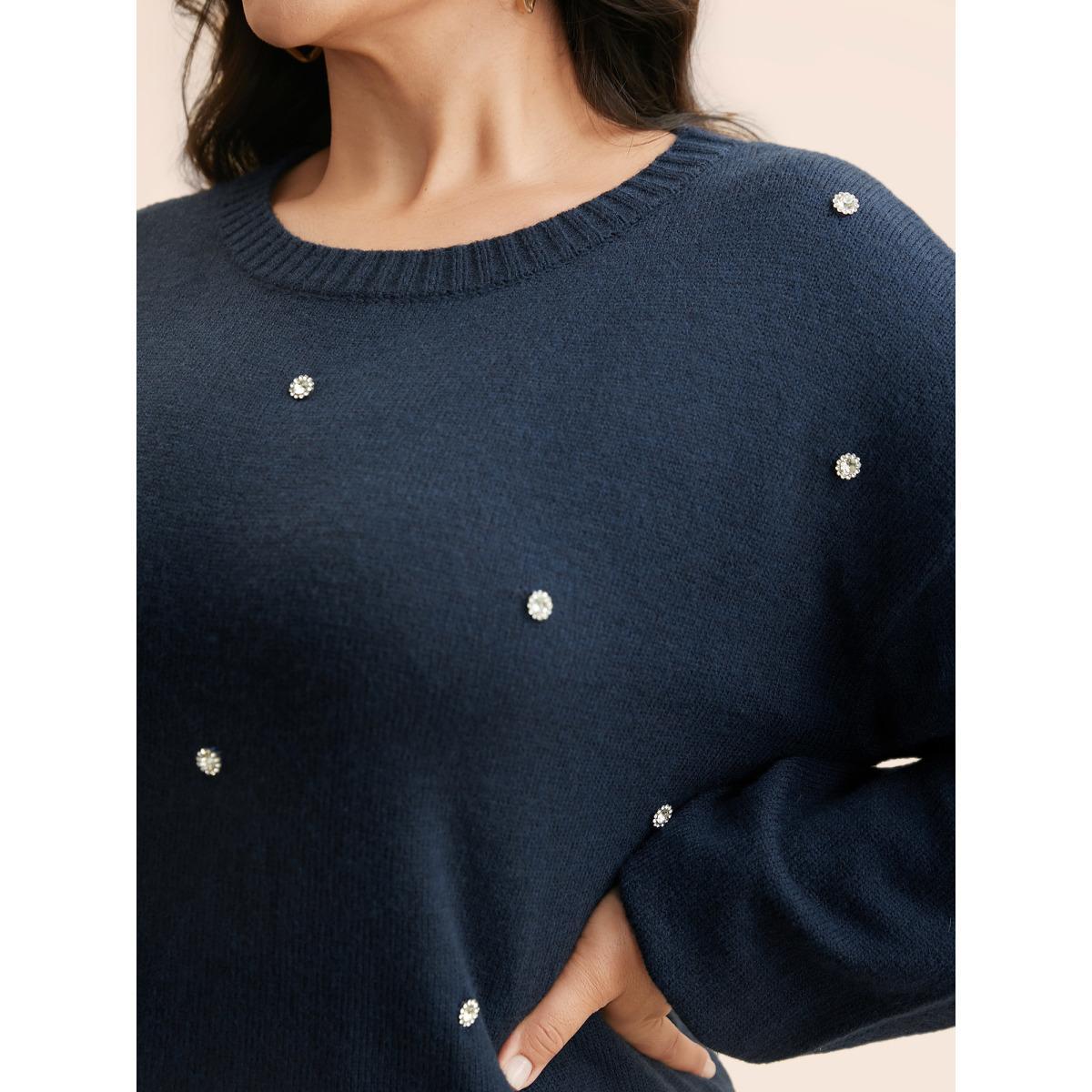 Plus Size Rhinestone Decor Dropped Shoulder Pullover Indigo Women Casual Loose Long Sleeve Round Neck Everyday Pullovers BloomChic 10/M Product Image