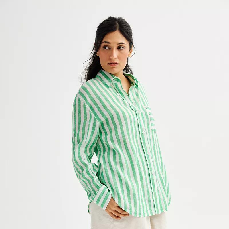 Women's Sonoma Goods For Life® Oversized Linen-Blend Boyfriend Shirt, Size: XL, Yellow Blue Stripe Product Image