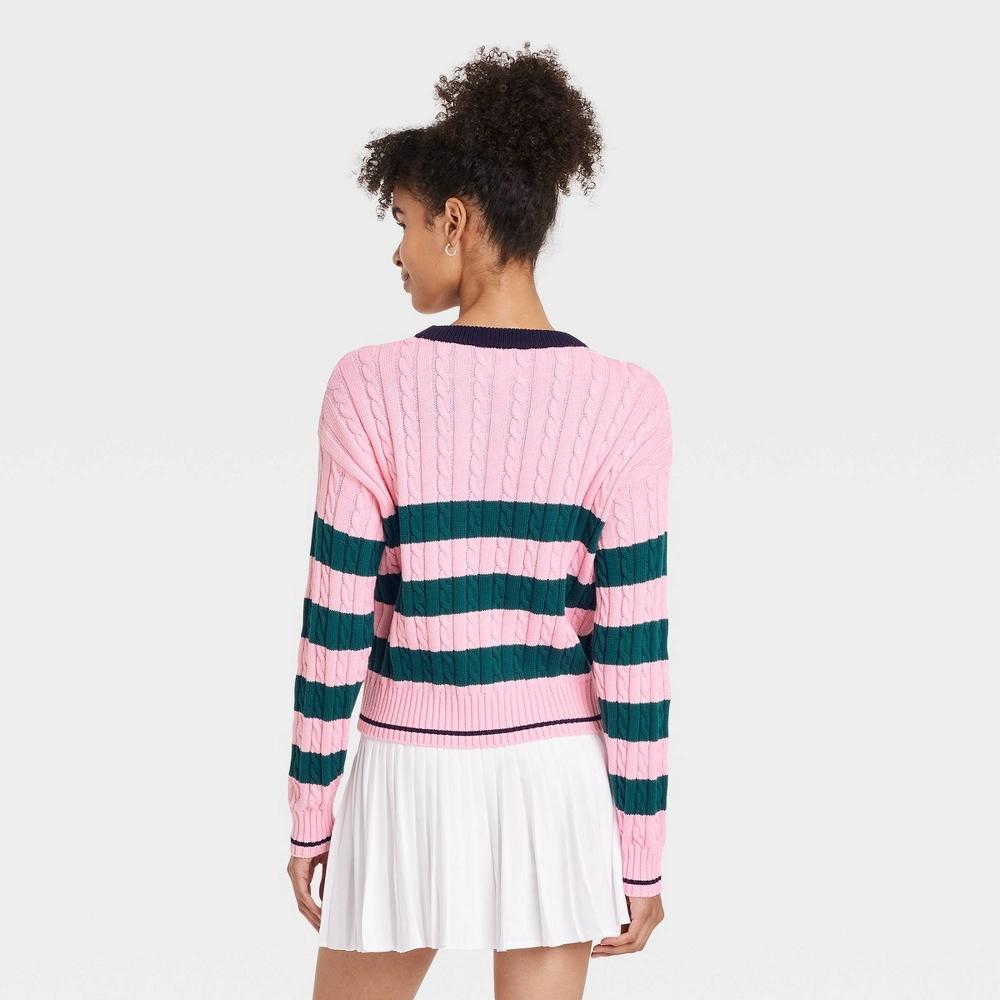 Women's Striped Cable Knit Pullover Sweater - All In Motion™ XXL: Crew Neck, Long Sleeve Product Image