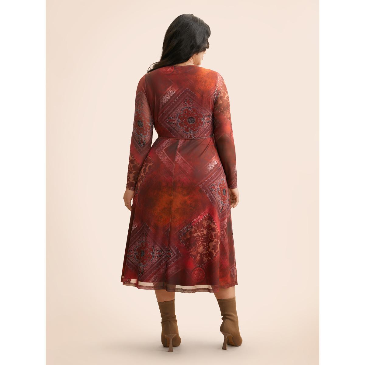 Plus Size Boho Print Belted Mesh Midi Dress Russet Women Elegant See through V-neck Long Sleeve Curvy BloomChic 12/L Product Image