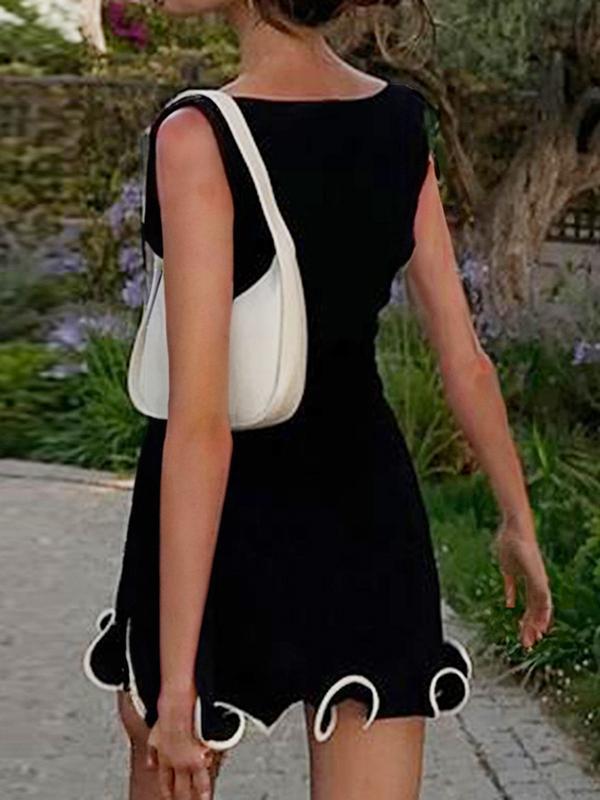 High Waisted Sleeveless Ruffle Trim Solid Color Round-Neck Mini Dresses Product Image