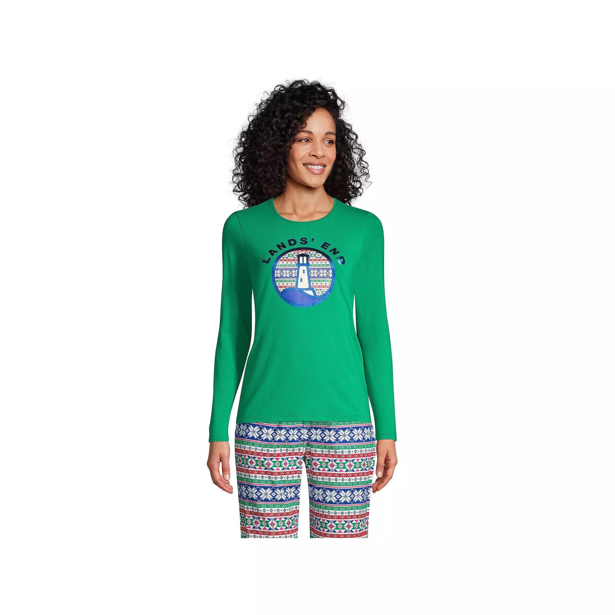 Petite Lands' End Winter Crewneck Long Sleeve Graphic Tee, Women's, Size: XS Petite, Lighthouse Fairisle Product Image