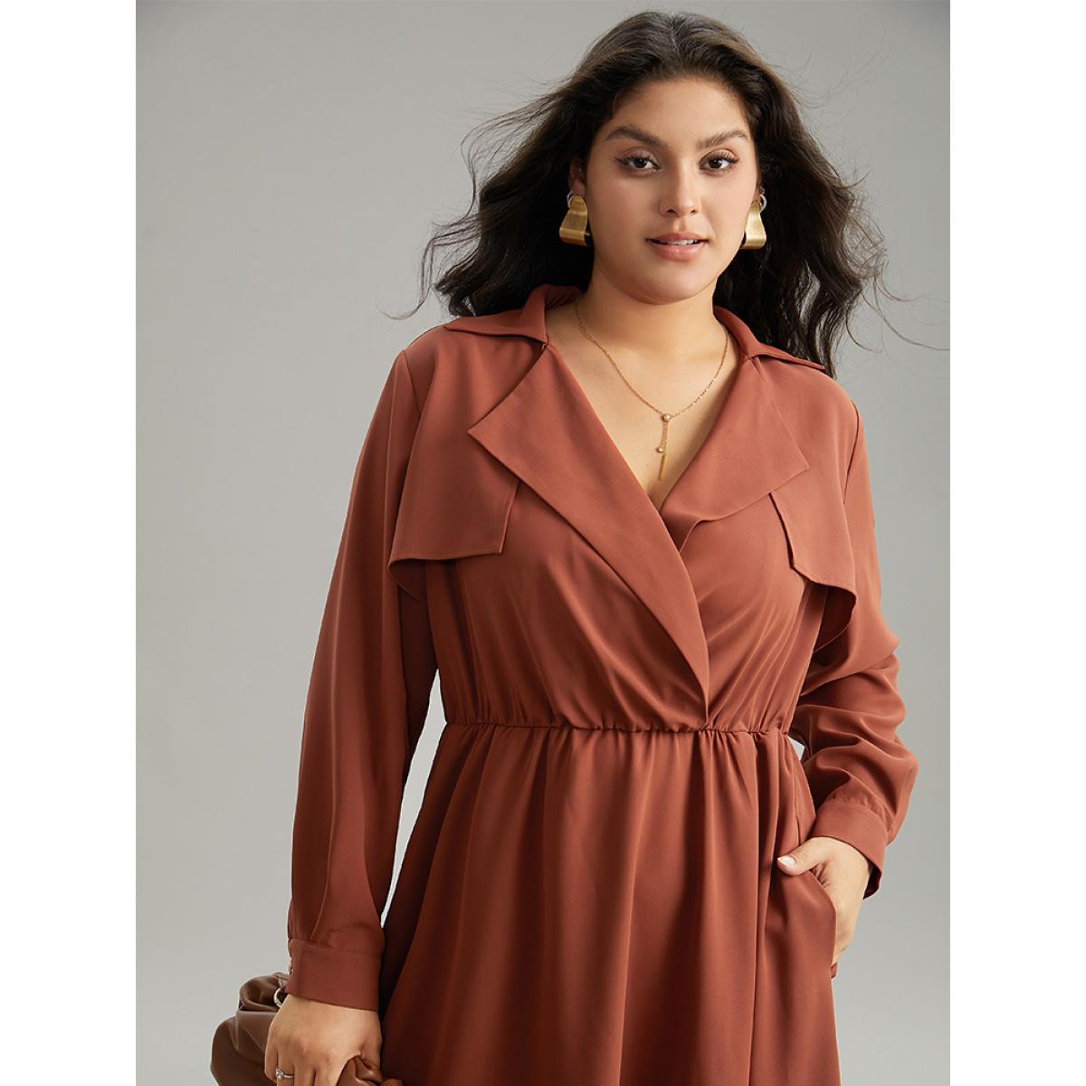 Plus Size Static-Free Plain Lapel Collar Belted Pocket Dress Maroon Women At the Office Plain Lapel Collar Long Sleeve Curvy Midi Dress BloomChic 30/6X Product Image