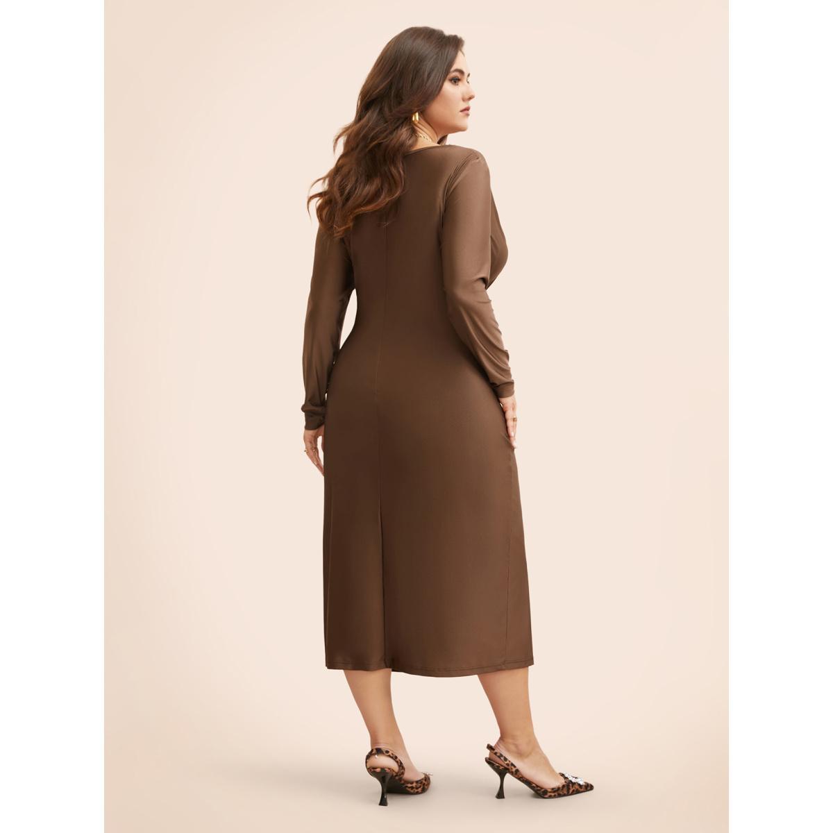 Plus Size Solid Cowl Neck Bodycon Dress Browncoffeecolor Women Elegant Pleated Cowl Neck Long Sleeve Curvy BloomChic 14-16/1X Product Image