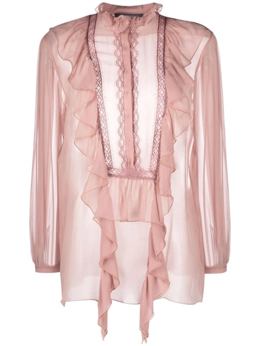 ALBERTA FERRETTI Long-sleeved Ruffled Silk Blouse In Pink Product Image
