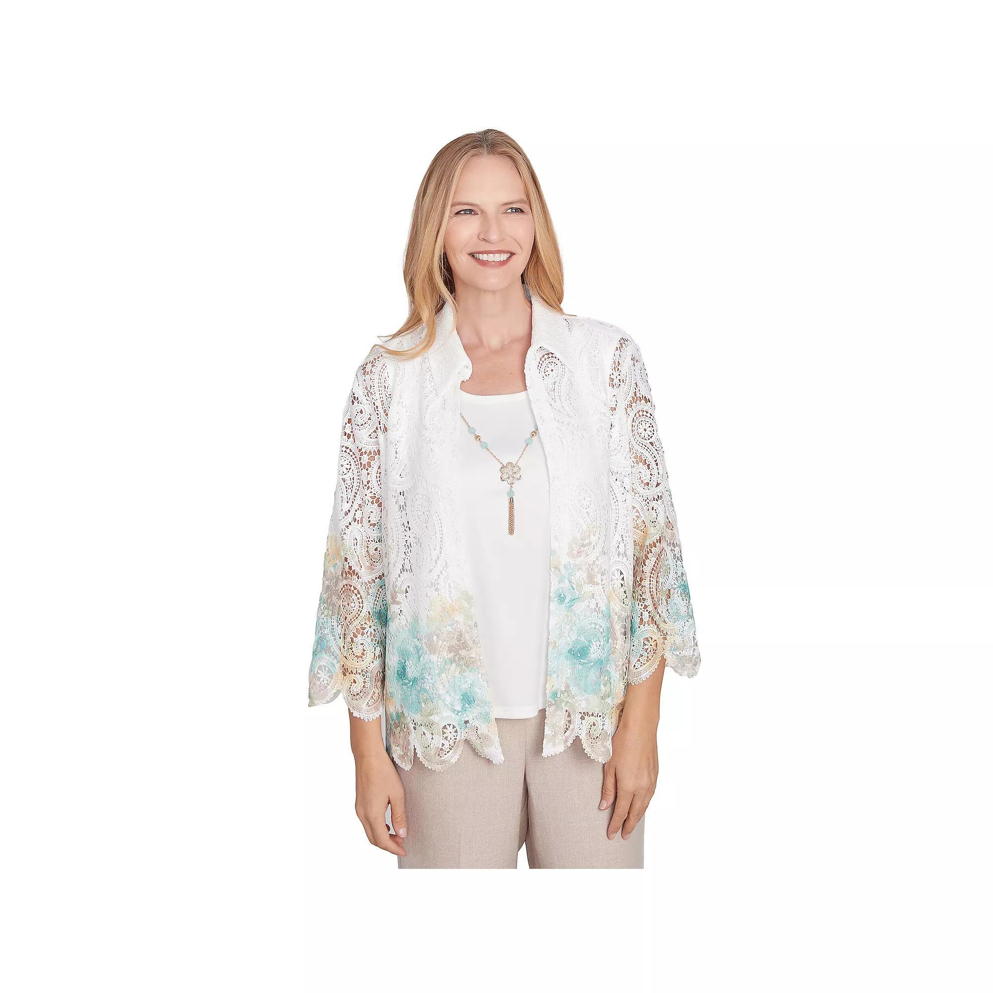Women's Alfred Dunner Two-in-One Lace Floral Top with Necklace, Size: Medium, Neutral Team Product Image