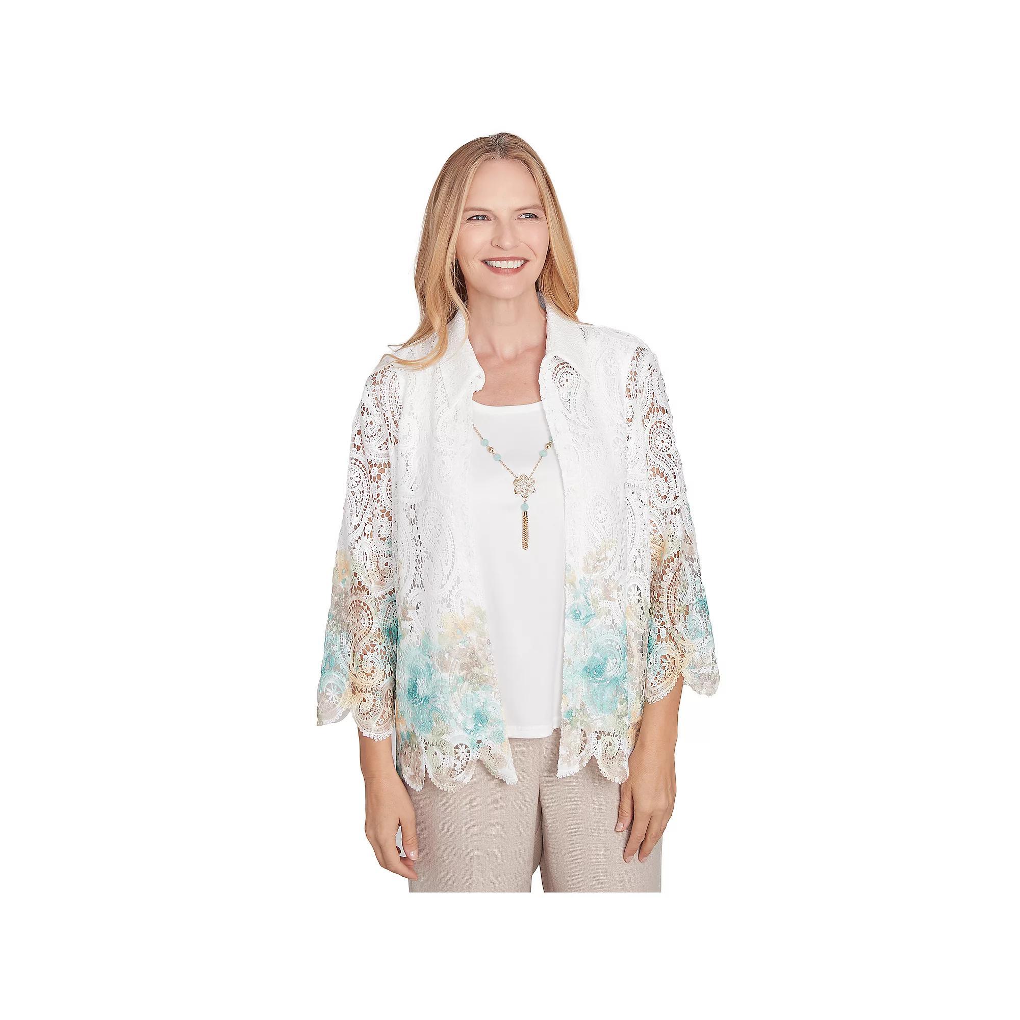 Women's Alfred Dunner Two-in-One Lace Floral Top with Necklace, Size: Medium, Neutral Team Product Image