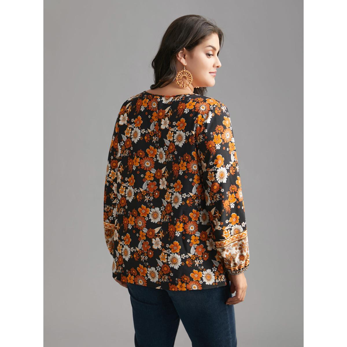 Plus Size Black Boho Print Tie Knot Lantern Sleeve Blouse Women Resort Long Sleeve Notched collar Vacation Blouses BloomChic 10/M Product Image