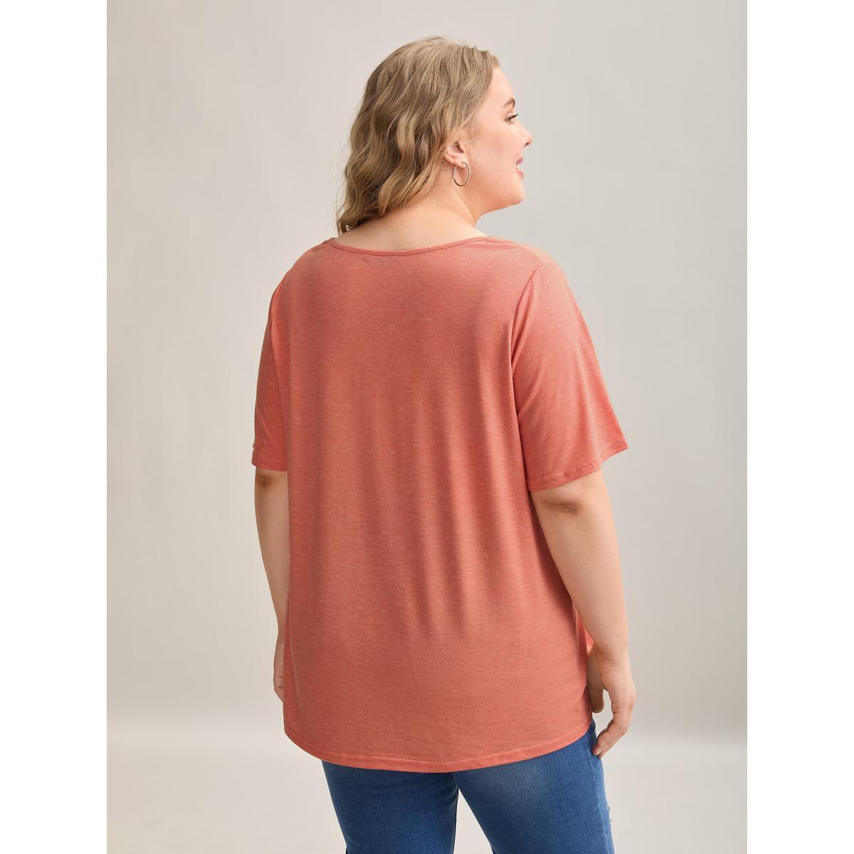 Plus Size Heathered Split Neckline Plain T-Shirt Coral Women Casual Gathered Notched collar Everyday T-shirts BloomChic 12/L Product Image