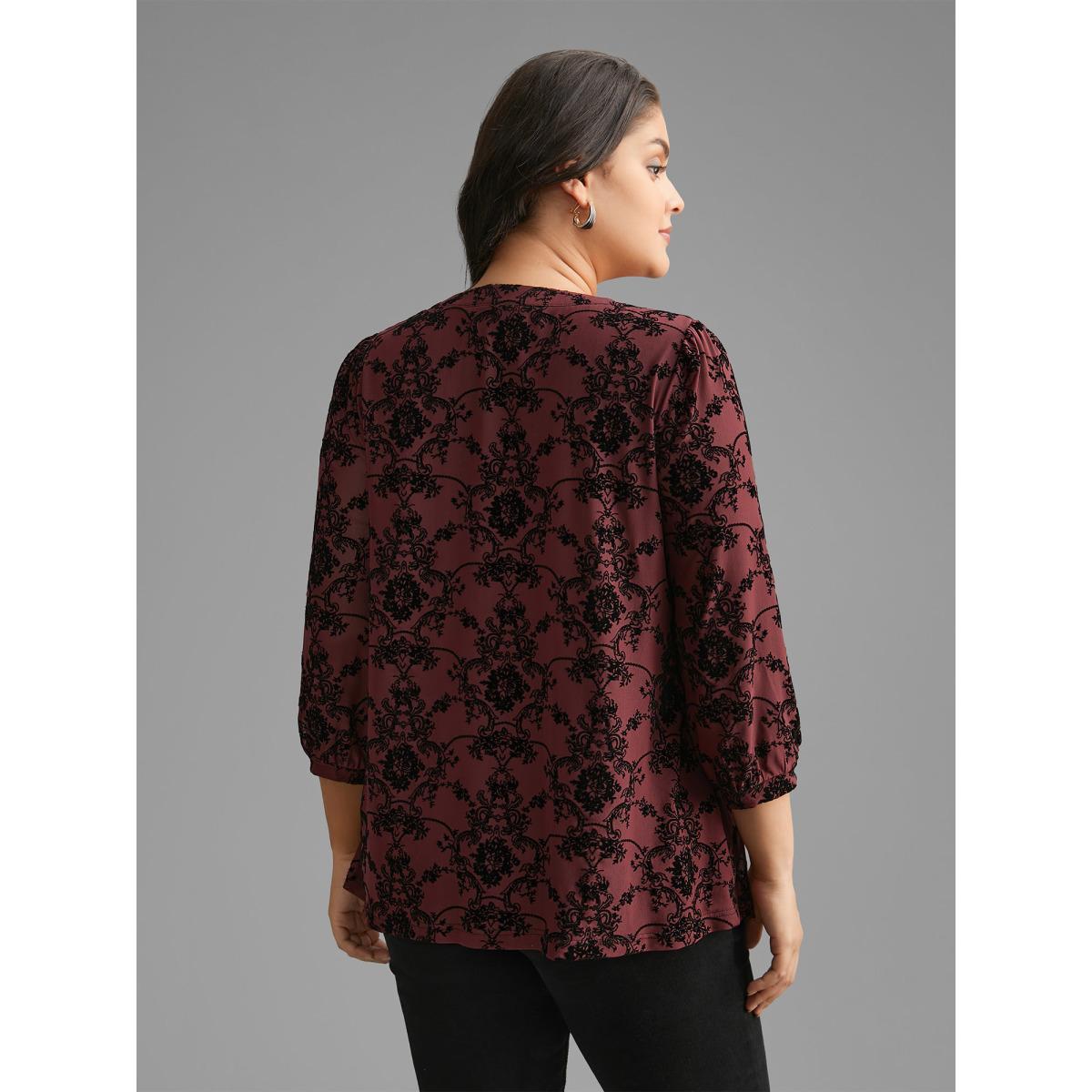 Plus Size Burgundy Boho Print Flocking Mesh Blouse Women Elegant Elbow-length sleeve Flat collar with V-notch Everyday Blouses BloomChic 26/4X Product Image