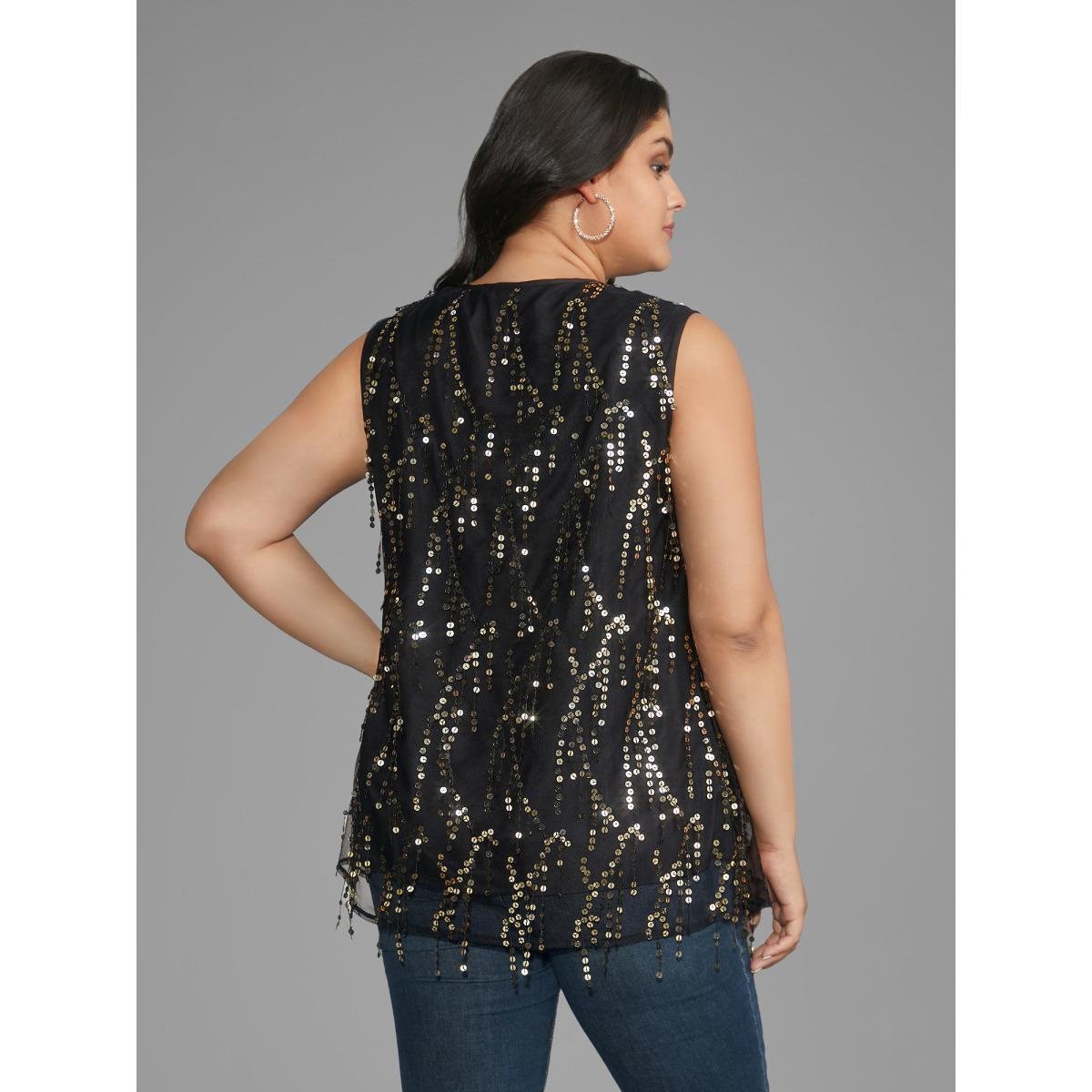 Plus Size Sequin Mesh Tassel Trim Tank Top Women Black Elegant Tassels Round Neck Everyday Tank Tops Camis BloomChic 26/4X Product Image