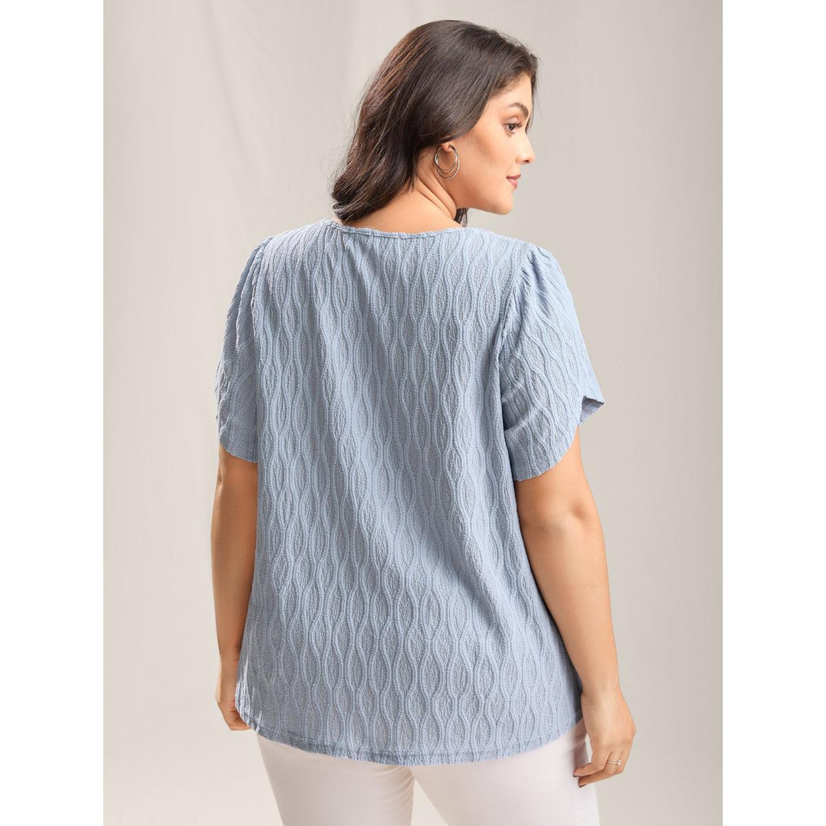 Plus Size Stone Asymmetrical Collar Textured Plain Blouse Women Short sleeve Asymmetrical Neck Work Blouses BloomChic 30/6X Product Image