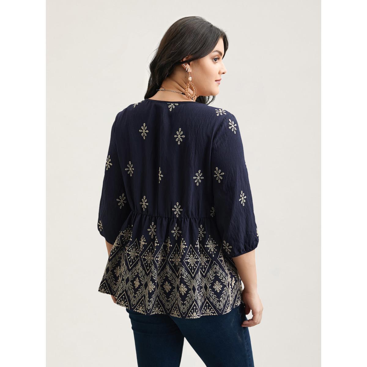Plus Size Indigo Boho Embroidered Pleated V-Neck Blouse Women Resort Elbow-length sleeve V-neck Vacation Blouses BloomChic 14-16/1X Product Image