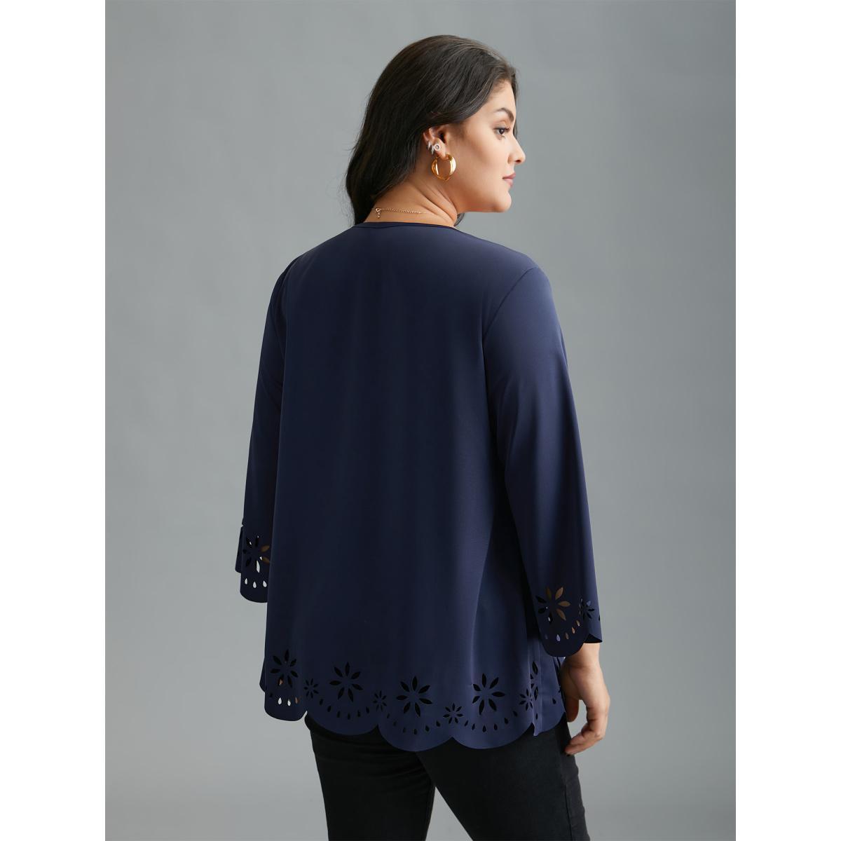 Plus Size Indigo Laser Cut Design V-Neck Blouse Women At the Office Three Quater Length Sleeve V-neck Work Blouses BloomChic 22-24/3X Product Image