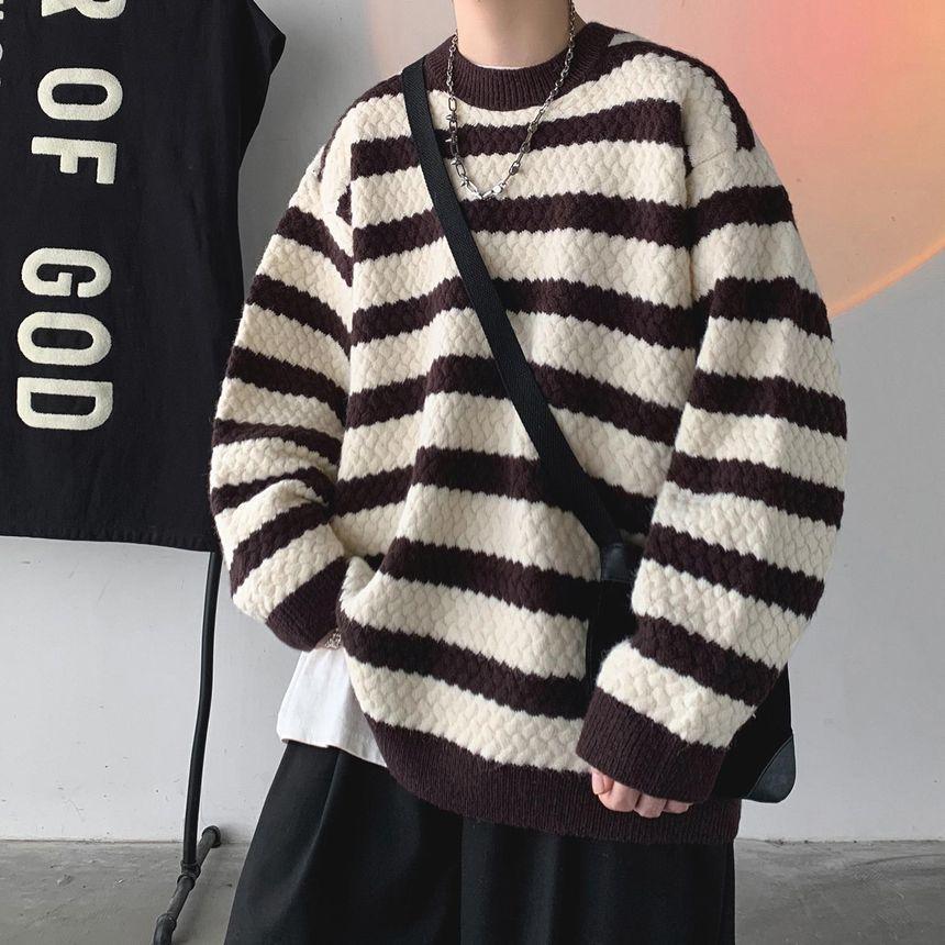 Crewneck Striped Ribbed Loose-Fit Sweater Product Image