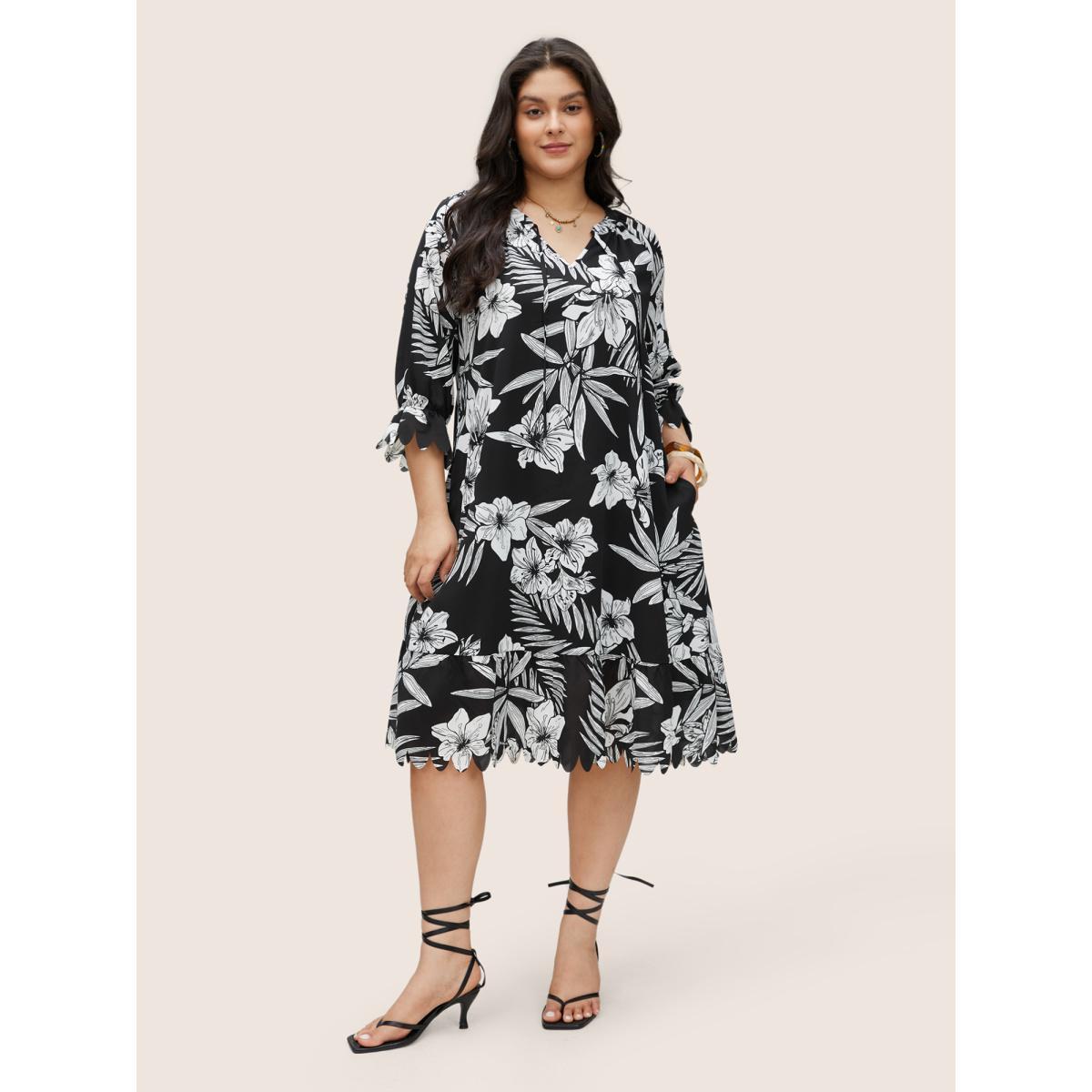Plus Size Floral Print Tie Neck Scalloped Trim Dress BlackFlower Women Resort Non V-neck Elbow-length sleeve Curvy Midi Dress BloomChic 18-20/2X Product Image