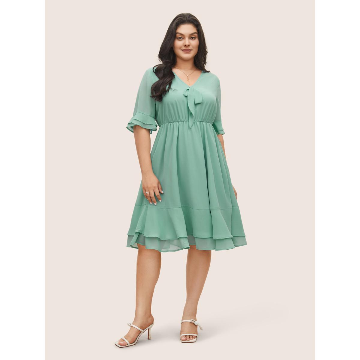 Plus Size Solid Bowknot Patchwork Tiered Ruffle Sleeve Dress Turquoise Women Elegant Non V-neck Half Sleeve Curvy Midi Dress BloomChic 22-24/3X Product Image