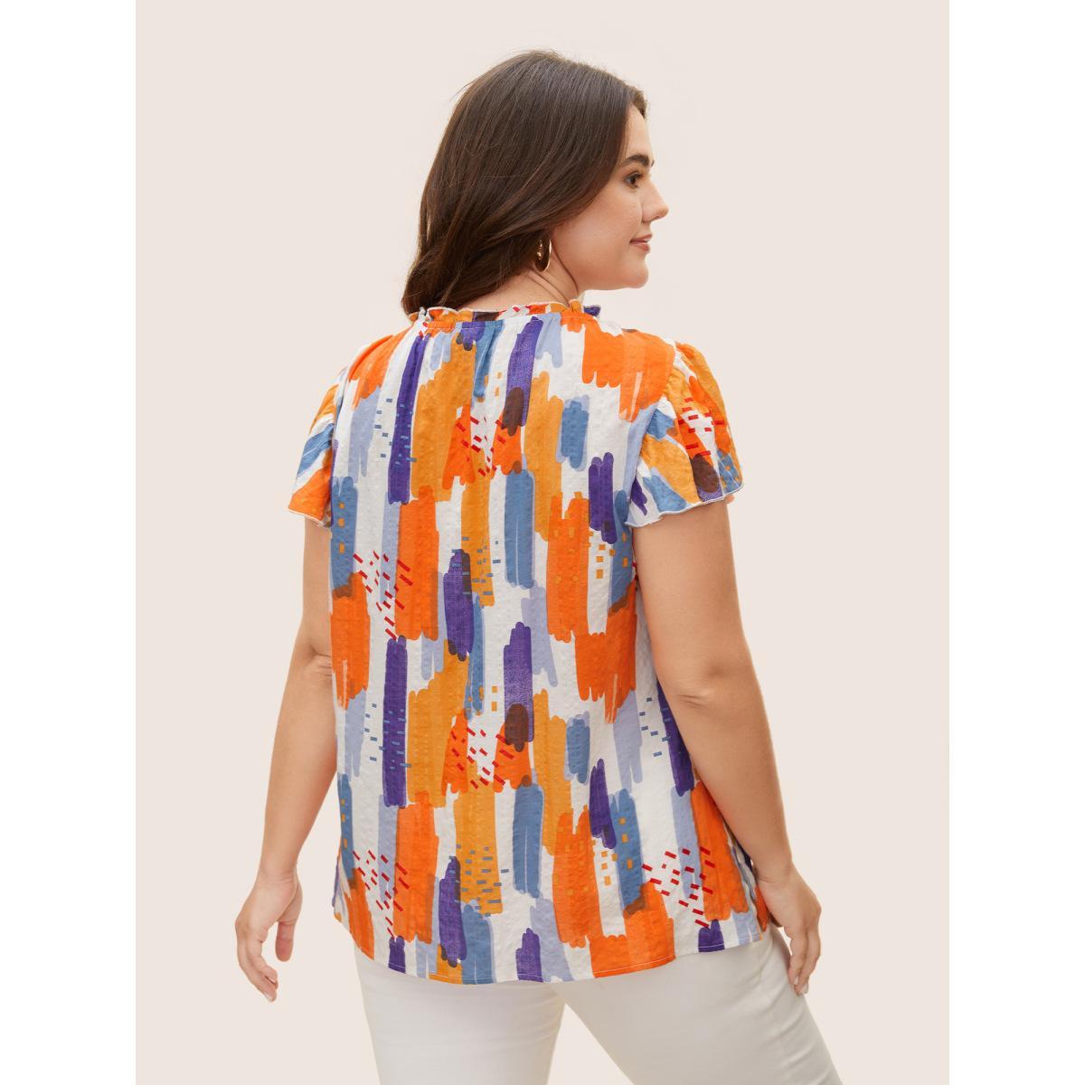 Plus Size Multicolor Brush Print Split Side Cap Sleeve Blouse Women Elegant Cap Sleeve Stand-up collar Everyday Blouses BloomChic 28/5X Product Image