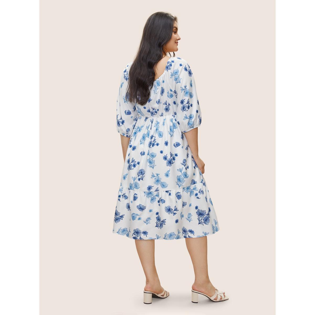 Plus Size Square Neck Floral Print Pleated Lantern Sleeve Dress White Women Elegant Non Square Neck Elbow-length sleeve Curvy Midi Dress BloomChic 22-24/3X Product Image