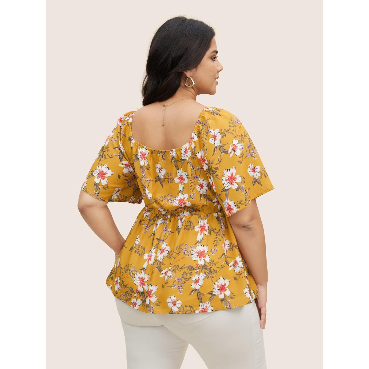 Plus Size Turmeric Heart Neckline Floral Print Pleated Blouse Women Elegant Short sleeve Heart neckline Everyday Blouses BloomChic 22-24/3X Product Image