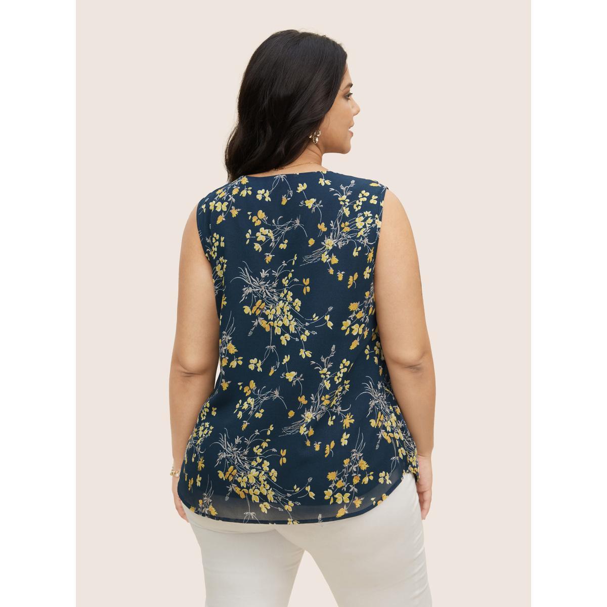 Plus Size Floral Print Ruffle Trim Lace Up Tank Top Women DarkBlue Elegant Tie knot Lace collar Everyday Tank Tops Camis BloomChic 30/6X Product Image