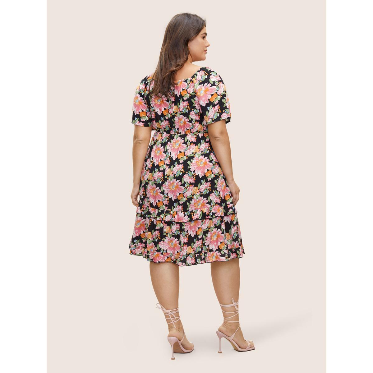 Plus Size Floral Shirred Ruffles Patchwork Pleated Dress Black Women Elegant Non Square Neck Short sleeve Curvy Midi Dress BloomChic 10/M Product Image