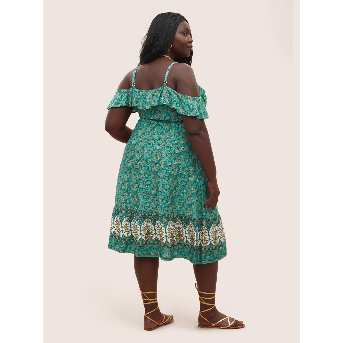 Plus Size Bandana Ruffles Belted Cold Shoulder Dress Aquamarine Women Resort Non U-neck Sleeveless Curvy Midi Dress BloomChic 28/5X Product Image