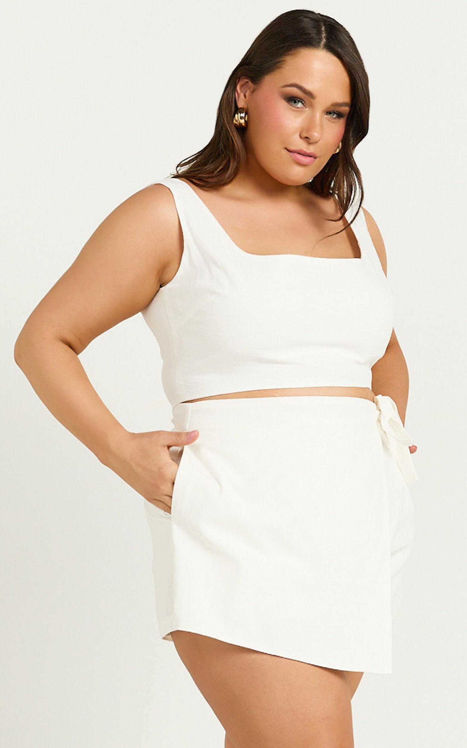 Polina Two Piece Set - Linen Square Neck Crop Top and Tie Waist Skort Set in White Product Image