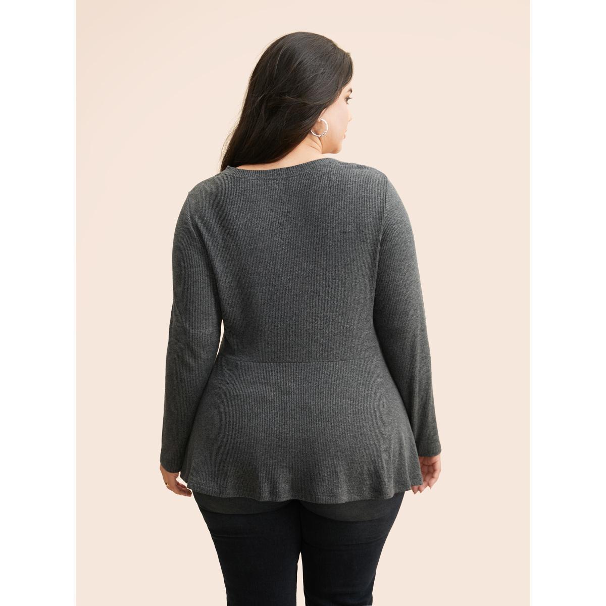 Plus Size Solid V Neck Asymmetrical Hem T-shirt DimGray Women Casual Texture V-neck Bodycon Everyday T-shirts BloomChic 22-24/3X Product Image