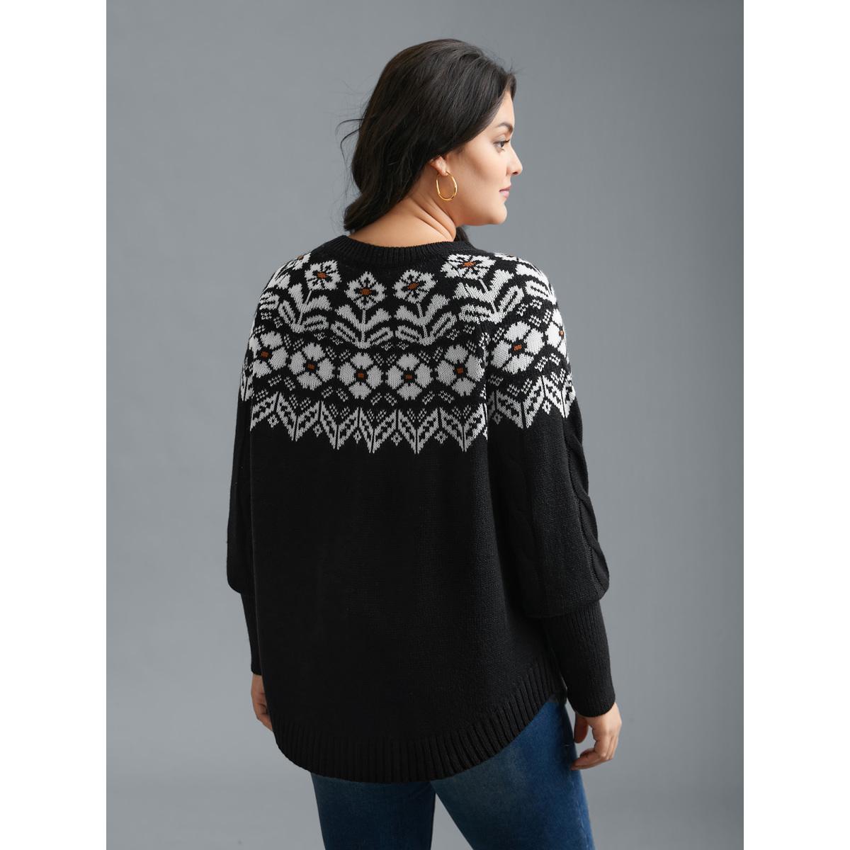 Plus Size Floral Cable Knit Curved Hem Pullover Black Women Casual Loose Long Sleeve Round Neck Everyday Pullovers BloomChic 18-20/2X Product Image