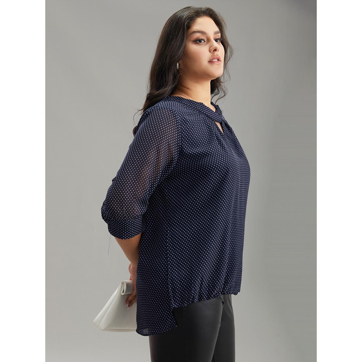 Plus Size Indigo Chiffon Polka Dot Mesh Keyhole Twist Front Blouse Women Office Elbow-length sleeve Round Neck Work Blouses BloomChic 18-20/2X Product Image