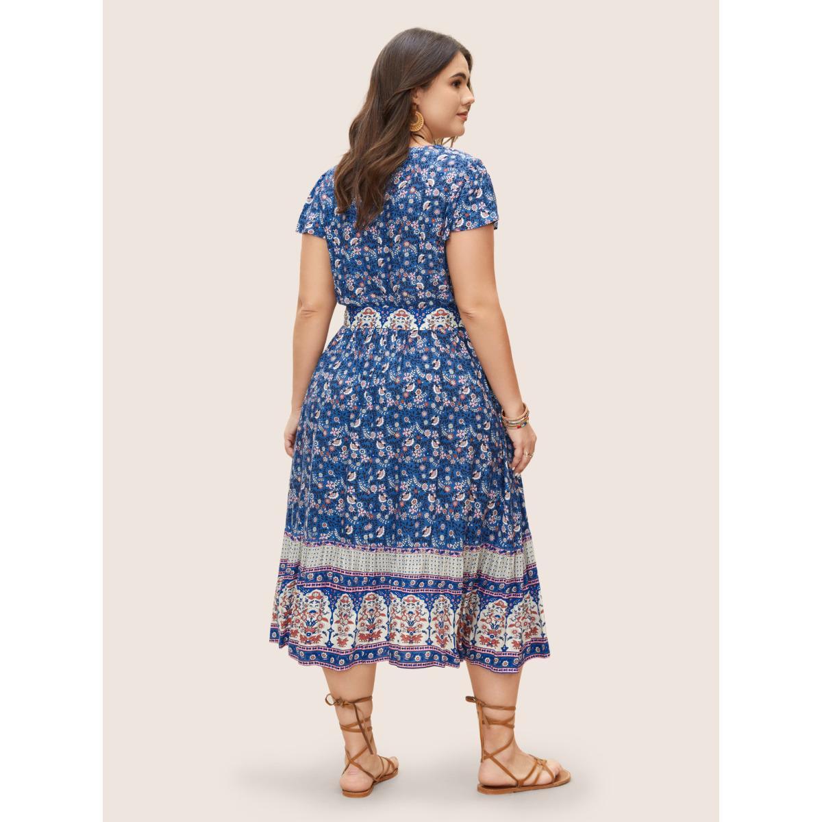 Plus Size Boho Print Surplice Neck Belted Dress Blue Women Resort Overlapping V-neck Cap Sleeve Curvy BloomChic 26/4X Product Image