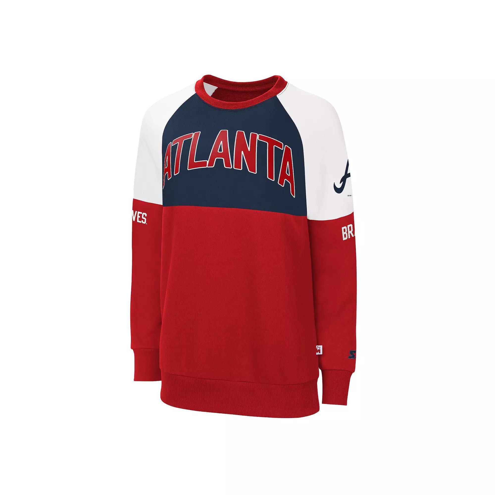 Women's Starter Red/Navy Atlanta Braves Baseline Raglan Pullover Sweatshirt, Size: XS Product Image