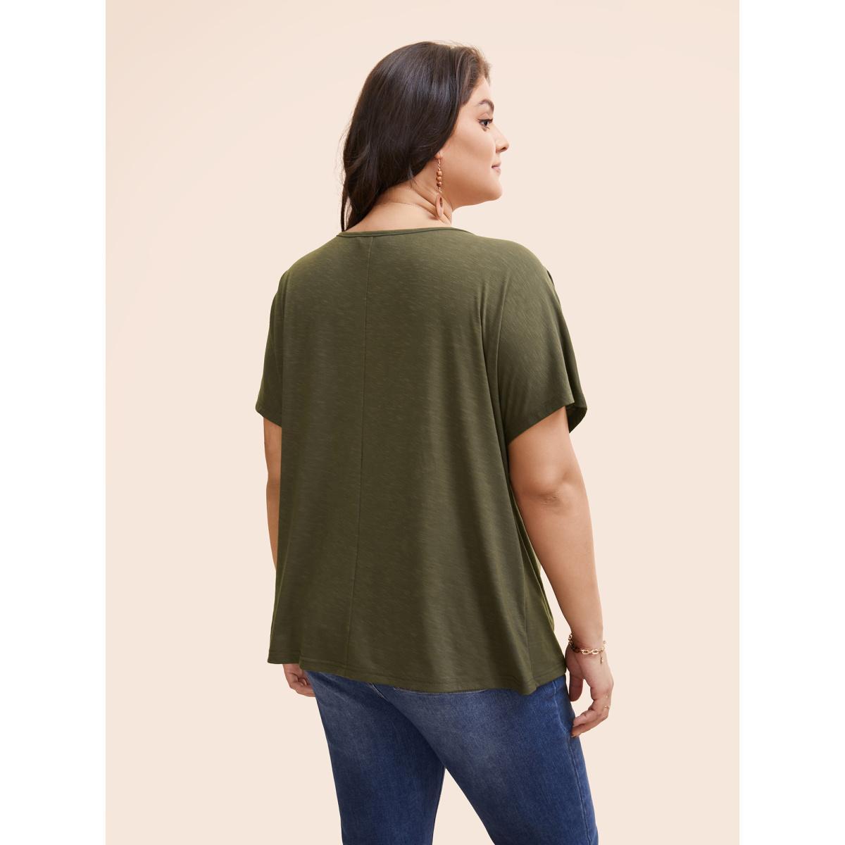 Plus Size Floral Embroidered Tie Knot Dolman Sleeve T-shirt ArmyGreen Women Resort Tie knot Art&design V-neck Vacation T-shirts BloomChic 18-20/2X Product Image