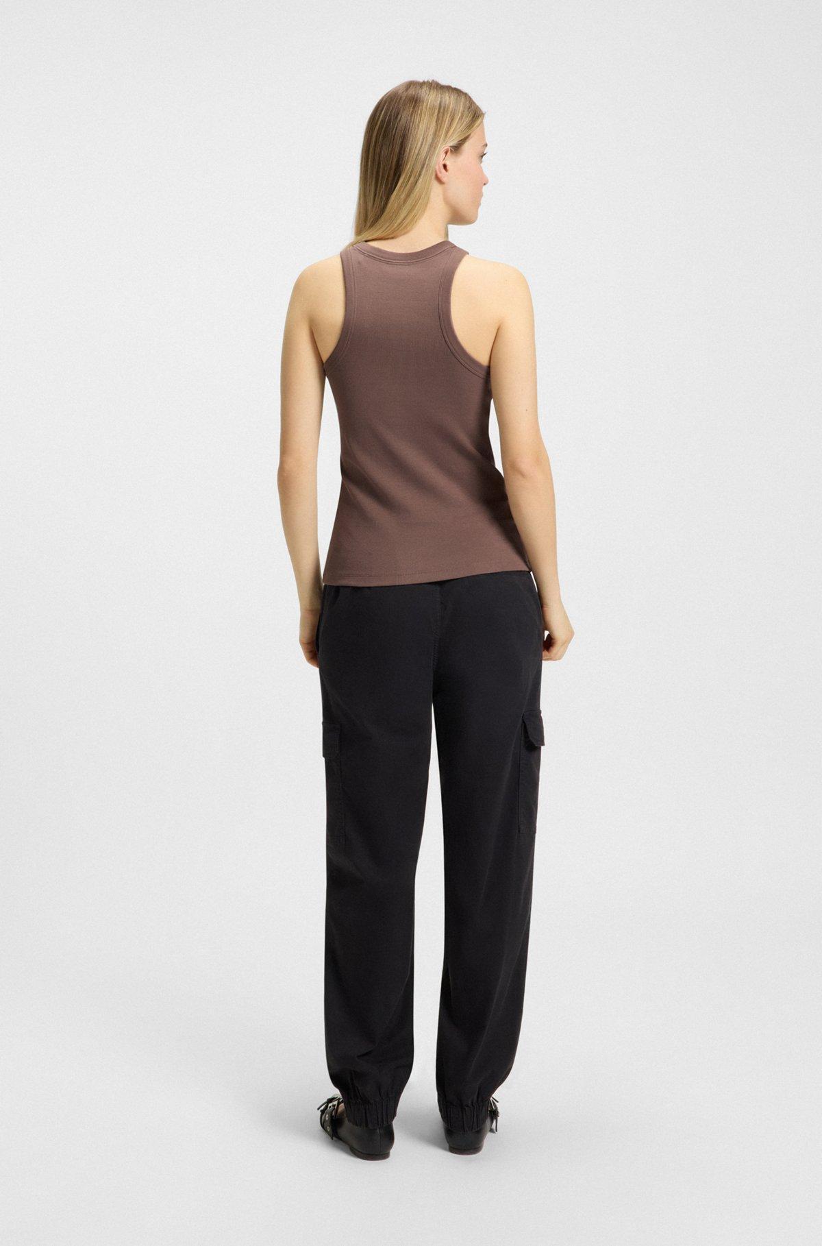 HUGO - Slim-fit stretch-cotton top with blue logo badge - Brown Product Image