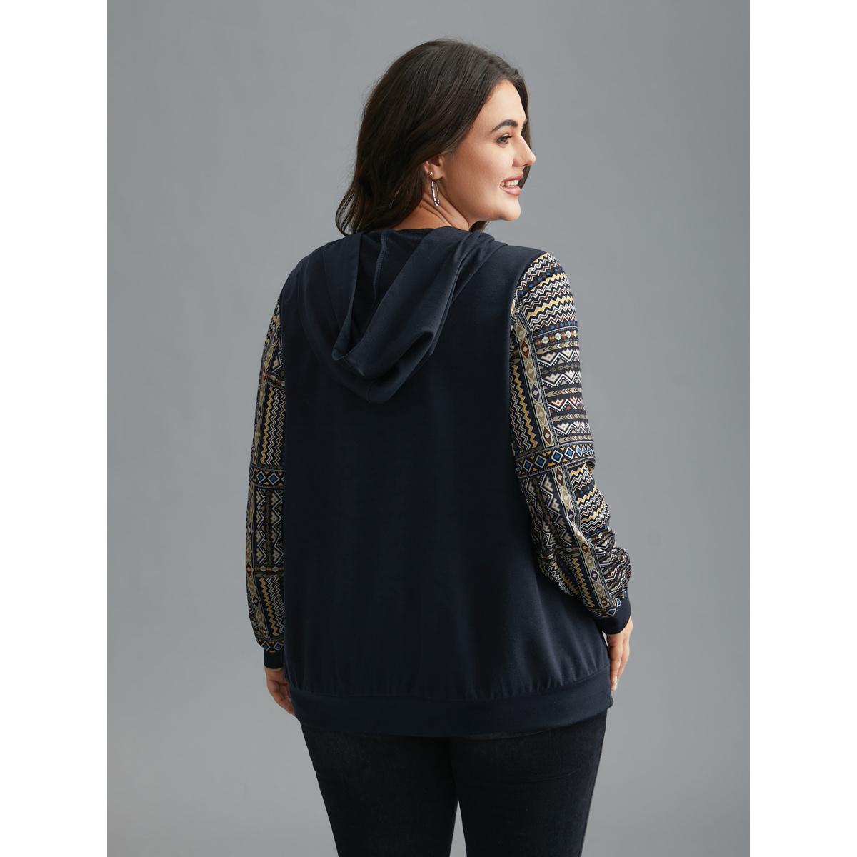 Plus Size Boho Print Contrast Fabric Hooded Sweatshirt Women Midnight Casual Contrast Hooded Everyday Sweatshirts BloomChic 26/4X Product Image