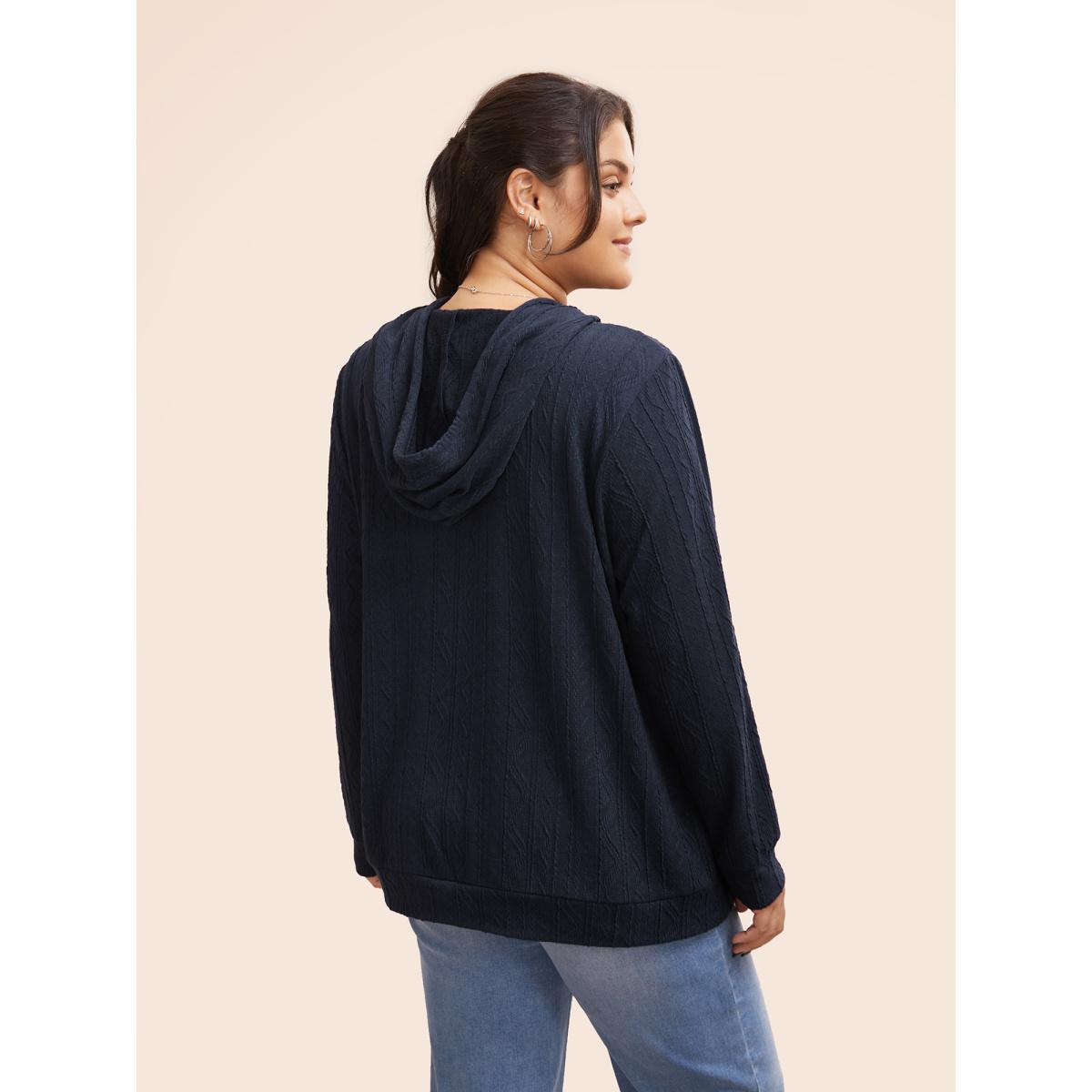 Plus Size Plain Textured Hooded Drawstring Sweatshirt Women Blue Casual Elastic cuffs Hooded Everyday Sweatshirts BloomChic 26/4X Product Image