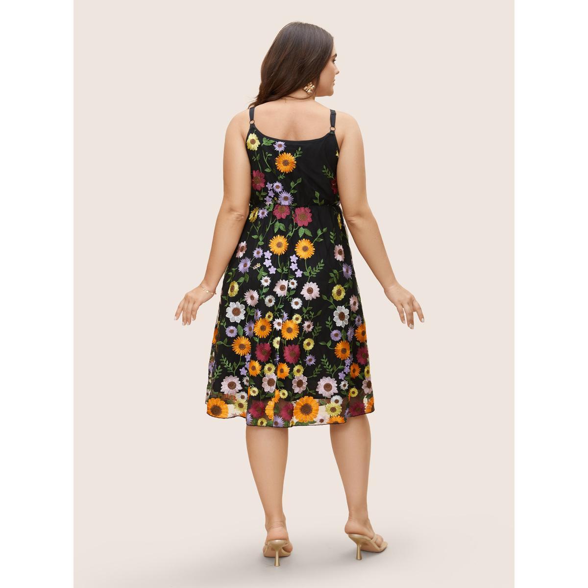 Plus Size V Neck Floral Embroidered Mesh Cami Dress Black Women Formal Embroidered V-neck Sleeveless Curvy BloomChic 18-20/2X Product Image