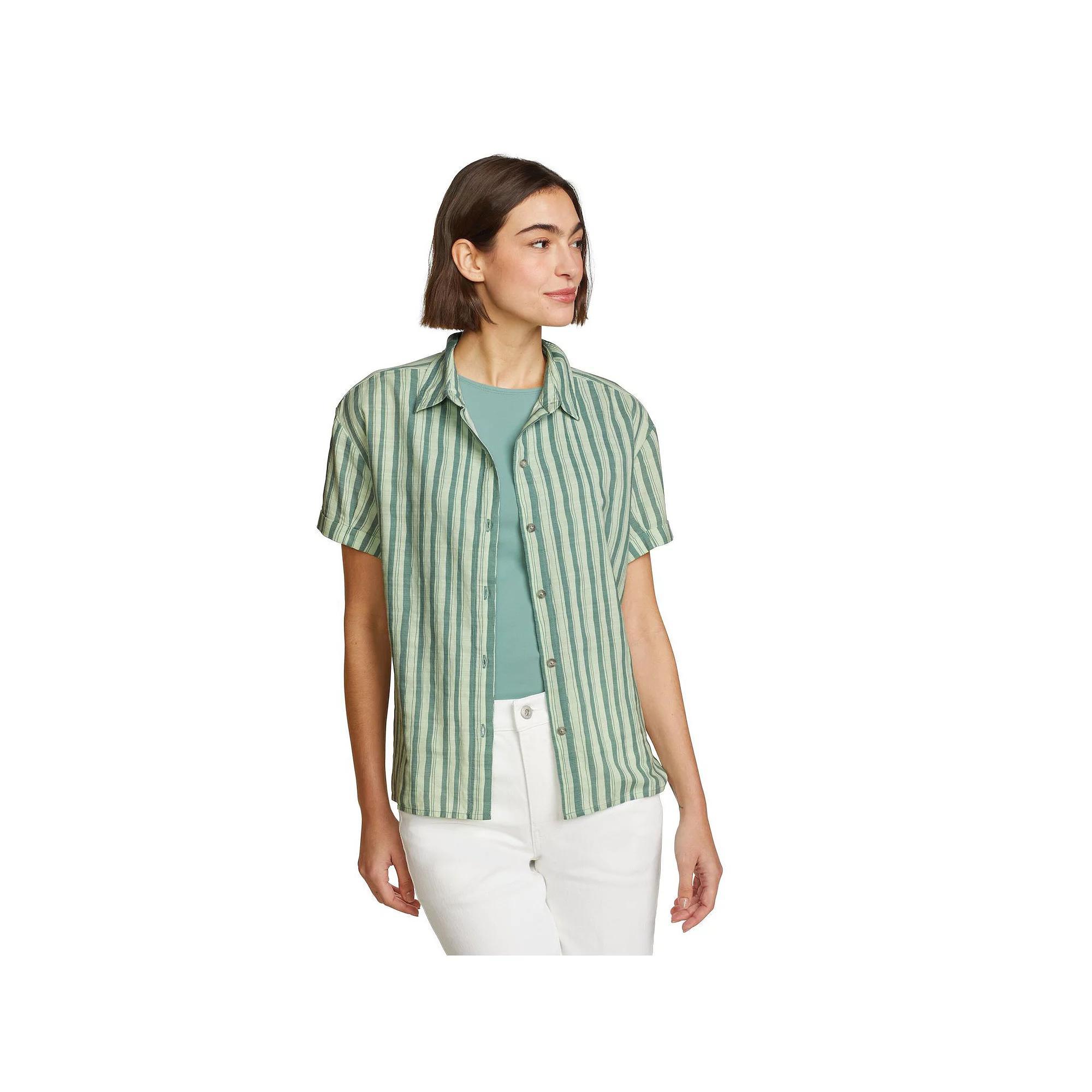 Petite Eddie Bauer Baja Button Front Short Sleeve Shirt, Women's, Size: XL Petite, Green Product Image