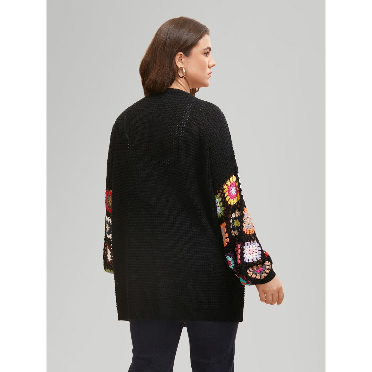 Plus Size Crochet Floral Drop Shoulder Cut Out Cardigan Black Women Resort Loose Long Sleeve Vacation Cardigans BloomChic 28/5X Product Image