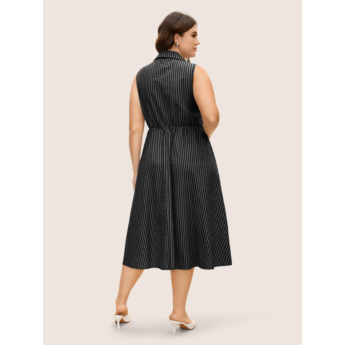 Plus Size Shirt Collar Striped Midi Tank Dress Black Women At the Office Tie knot Shirt collar Sleeveless Curvy BloomChic 26/4X Product Image