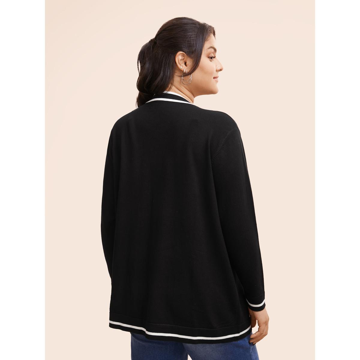 Plus Size Supersoft Essentials Striped Patchwork Pocket Open Front Cardigan Black Women Casual Loose Long Sleeve Everyday Cardigans BloomChic 28/5X Product Image